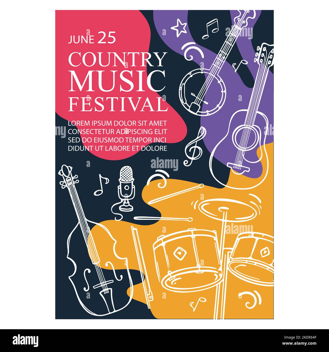 COUNTRY MUSIC FEST Banner Vertical Poster de Concierto con Cello Guitar Banjo y Tambores Invitación Texto sobre Abstract Colorful Background Hand Drawn Vector Ilustración del Vector