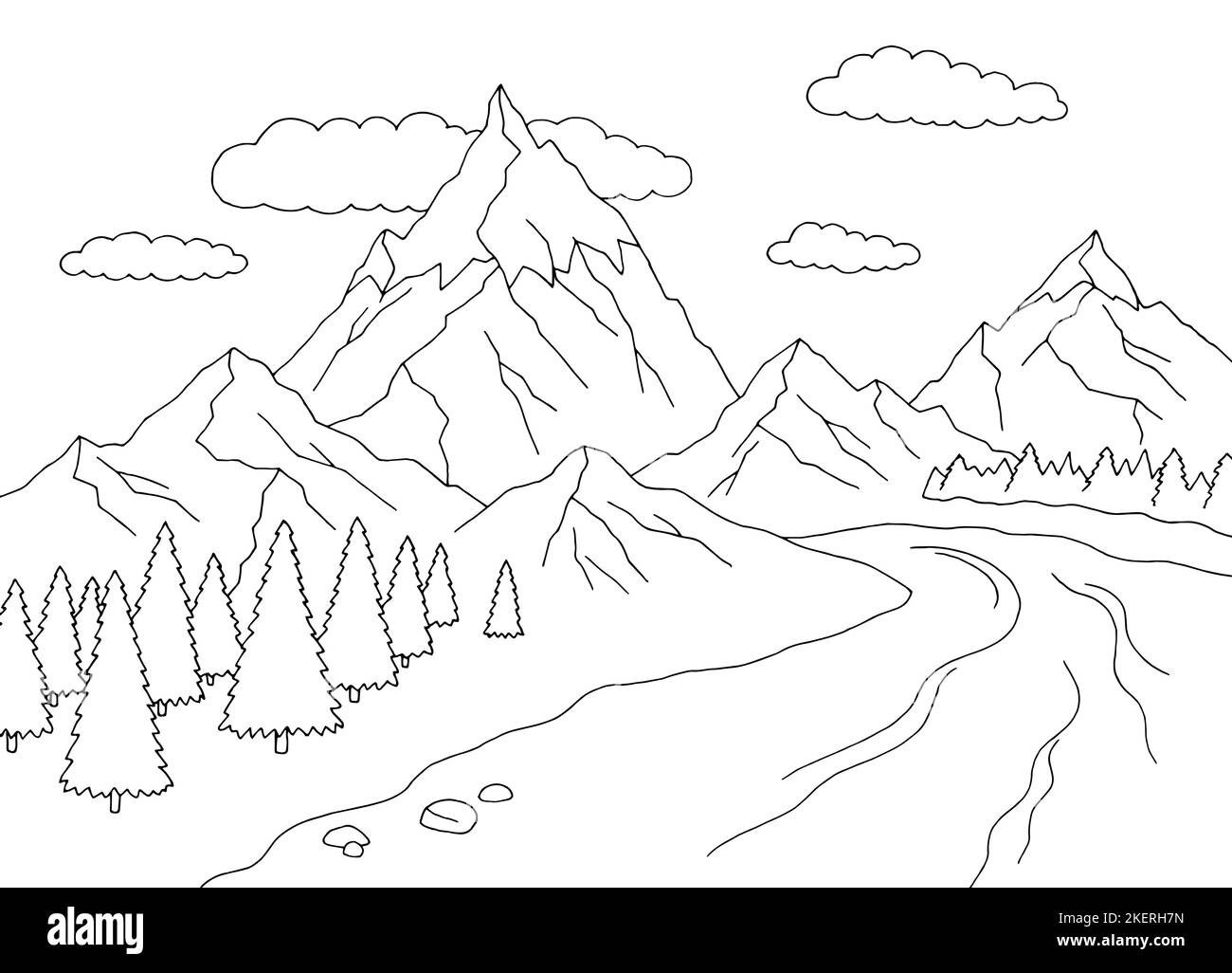 Gráfico de río de montaña blanco negro paisaje dibujo ilustración vector Ilustración del Vector