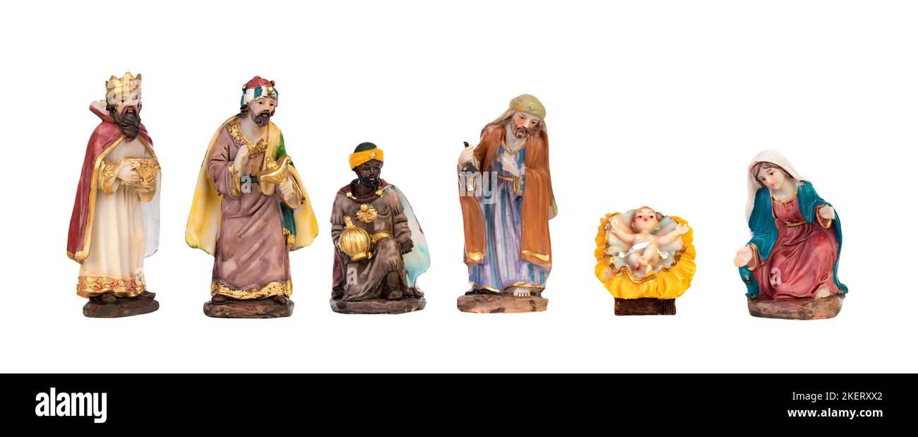 Escena de la Natividad con la familia santa y tres reyes aislados sobre fondo blanco Foto de stock