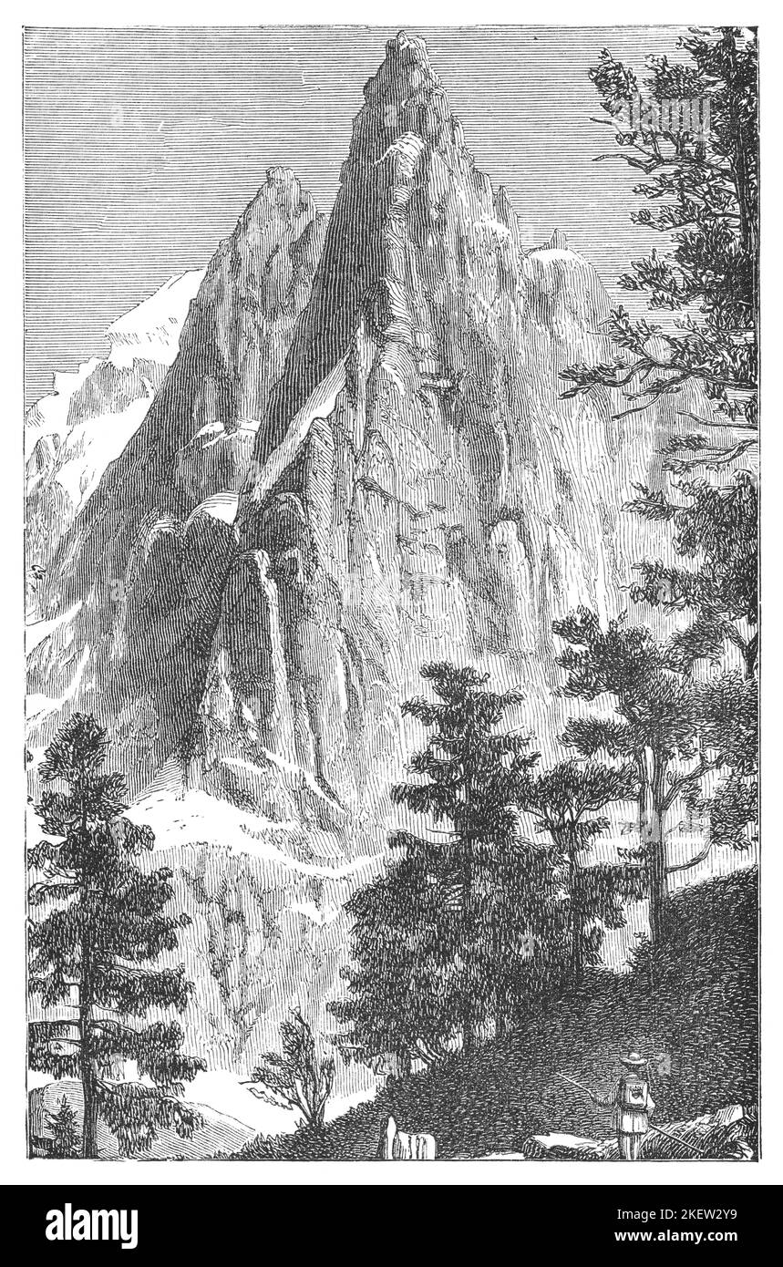 Hombre de senderismo en las agujas de la montaña del Mont Blanc con vistas al glaciar del valle Mer de Glace. Grabado vintage del libro antiguo Natures Wonders publ Foto de stock