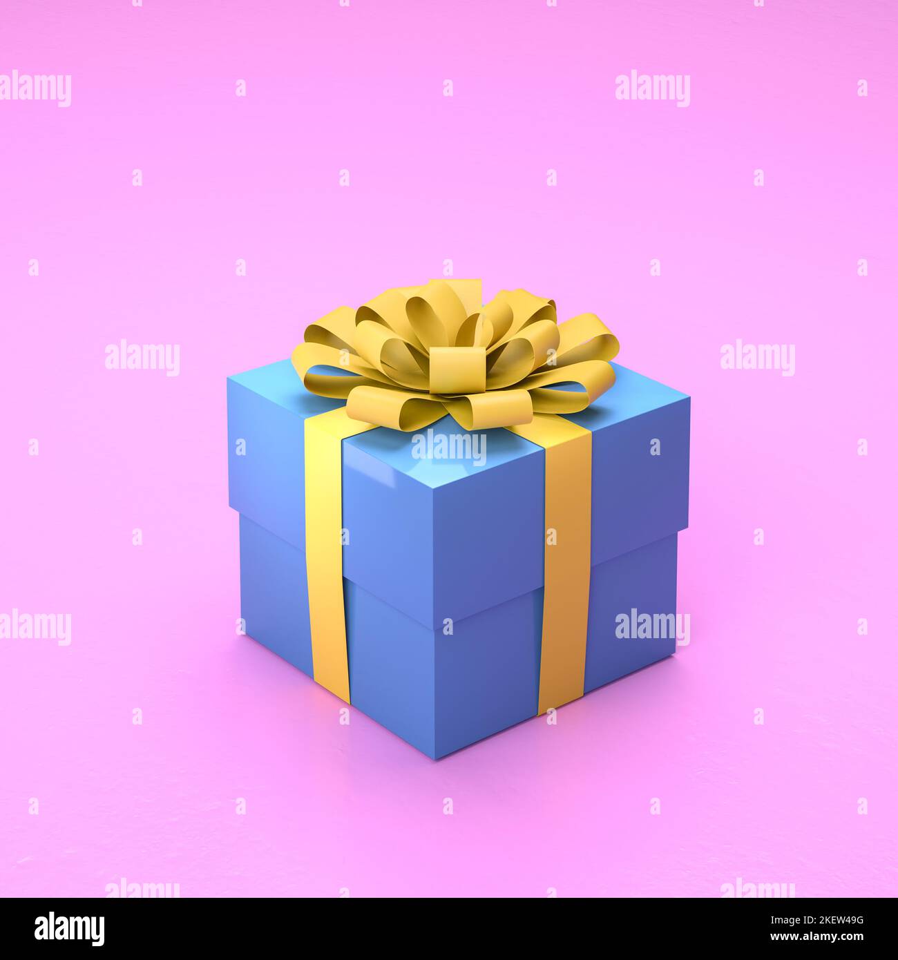 Una caja de regalo azul con cinta amarilla con fondo rosa Foto de stock