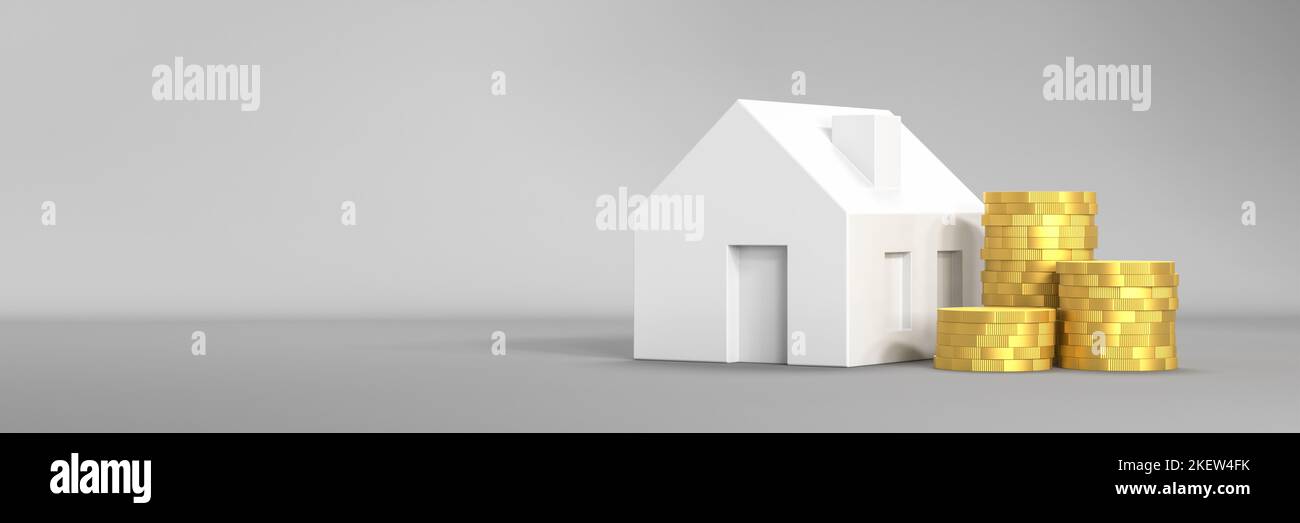 Concepto de valoración inmobiliaria. Concepto de hipoteca. Una casa modelo con tres pilas de monedas en el frente. Formato de banner web con espacio de copia Foto de stock