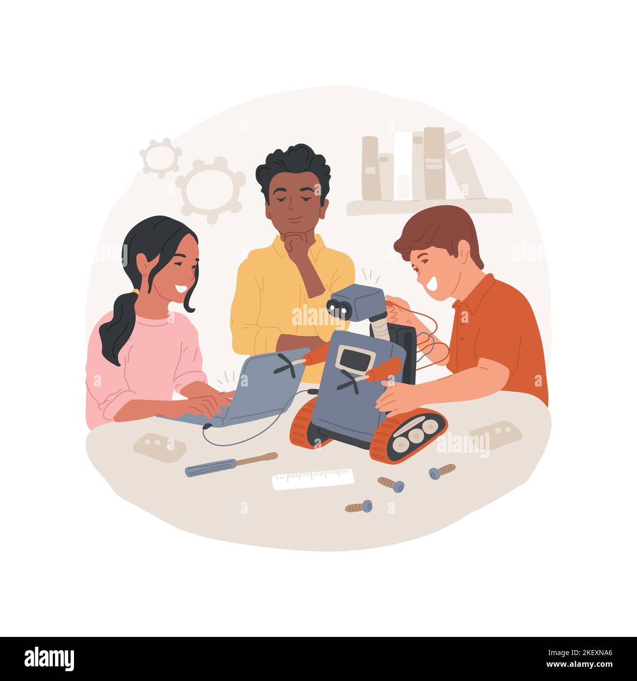 El club de robótica aisló la ilustración de vectores de dibujos animados.  Grupo de jóvenes adolescentes haciendo robot, actividad tecnológica de la  escuela media, club de estudiantes de robótica, proyecto de ingeniería,