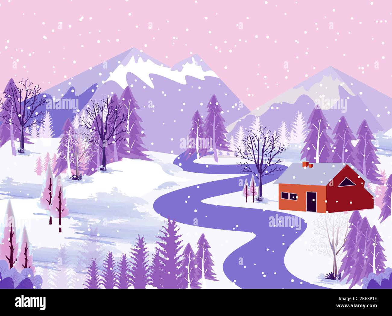 Paisaje de montaña de invierno con casas y árboles sobre el fondo