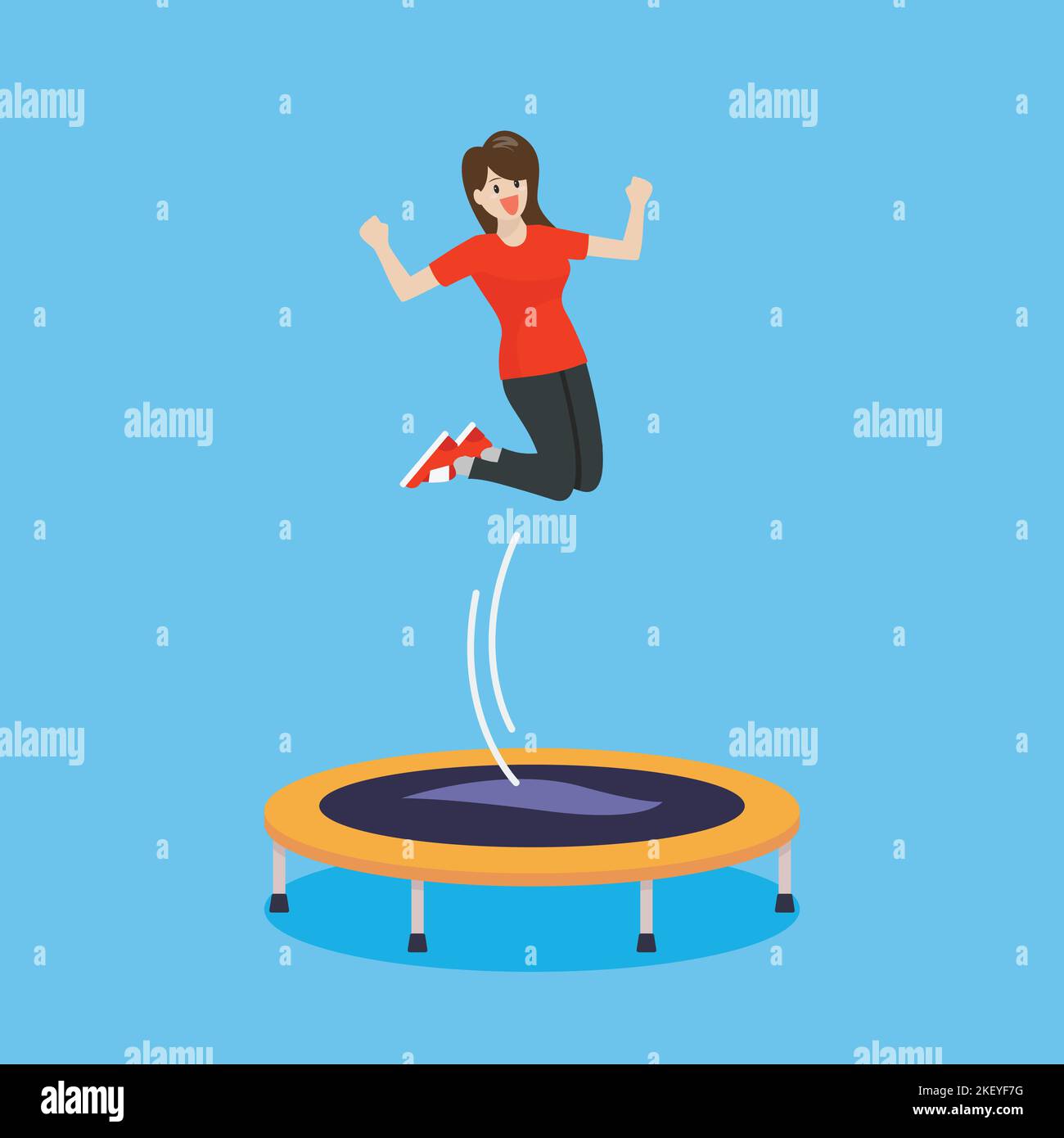 Mujer emocionada saltando y rebotando en Trampoline. Ilustración vectorial Ilustración del Vector
