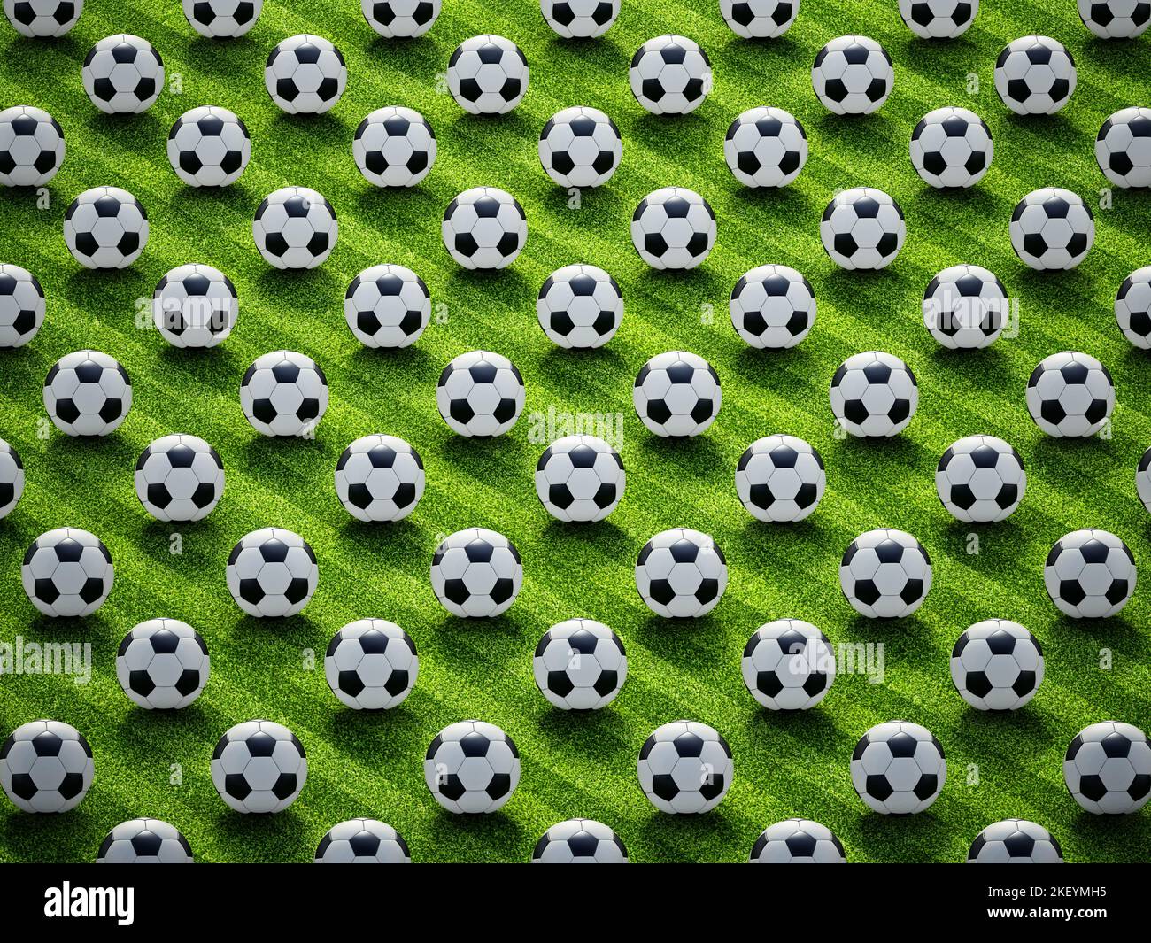 Grupo de balones de fútbol en el campo de fútbol. Foto de stock