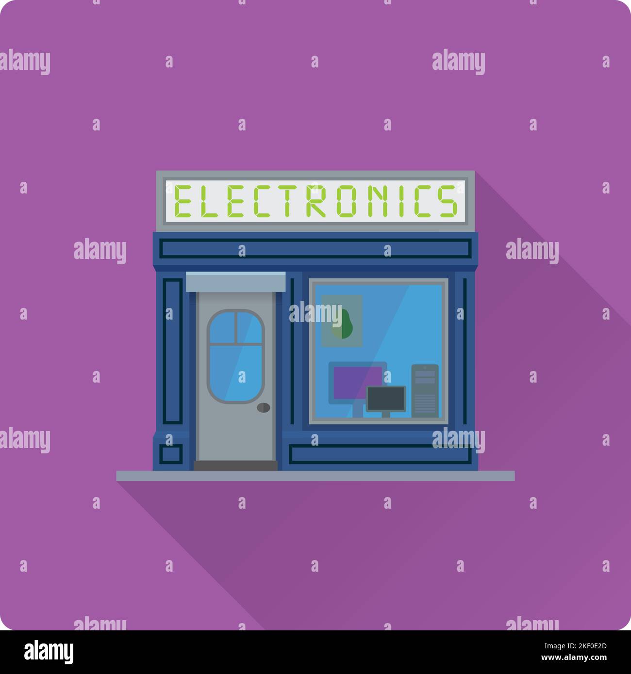 Diseño plano larga sombra tienda electrónica edificio ilustración de vectores. Símbolo de fachada de tienda de informática pequeña. Ilustración del Vector