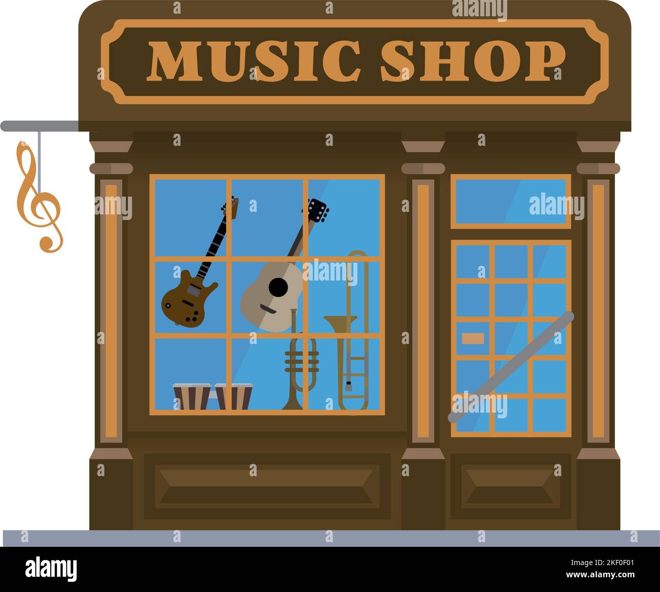 Tienda de música aislada de diseño plano. Bonitos instrumentos musicales de la tienda de la ilustración del vector del edificio Ilustración del Vector