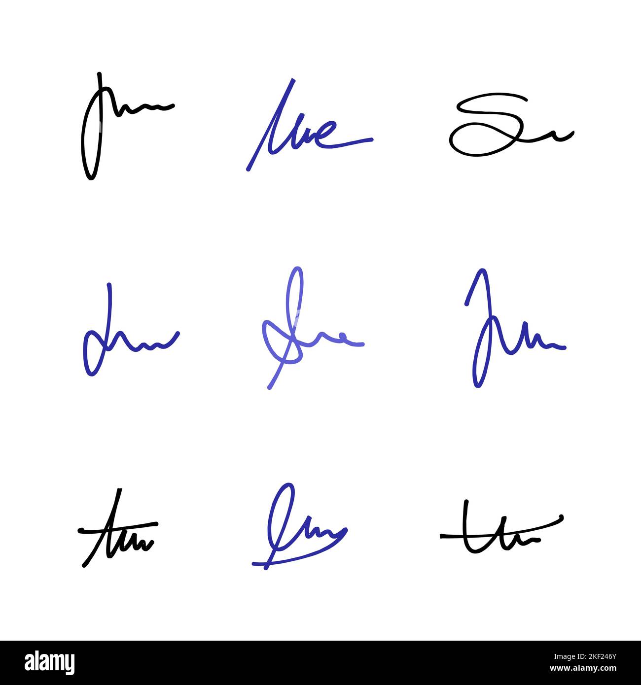 Conjunto de firmas de escritura a mano. Paquete vectorial con firmas personales individuales y aisladas para escribir a mano. Ilustración del Vector