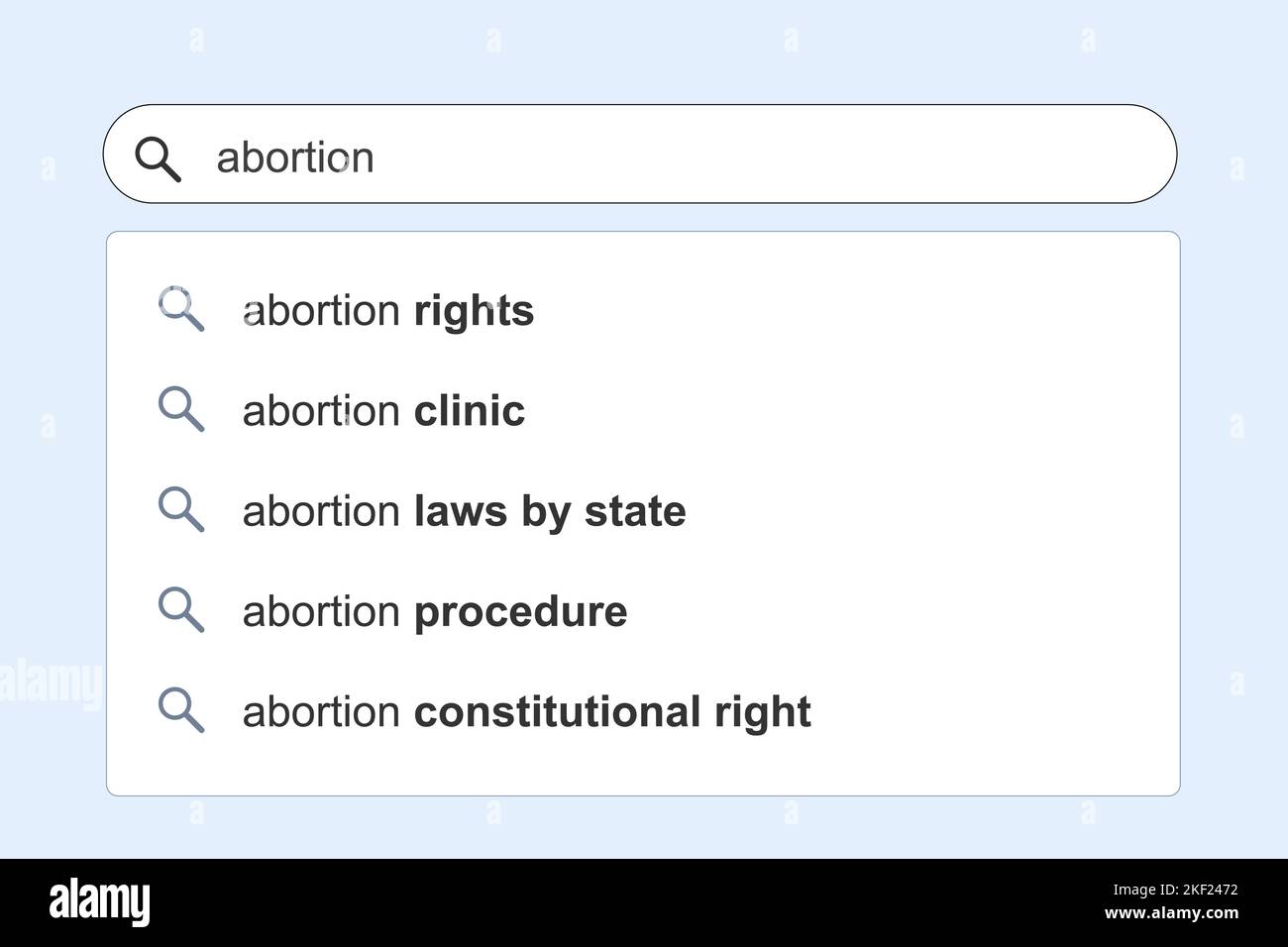 Resultados de la búsqueda de problemas de aborto. Motor de búsqueda en línea de derechos al aborto sugerencias autocompletas. Ilustración del Vector