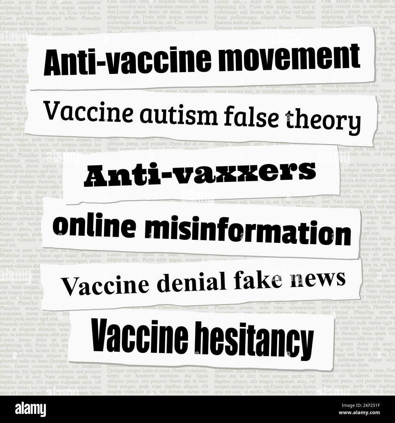 Titulares de noticias del movimiento contra las vacunas. Recortes de periódicos sobre noticias falsas anti-vaxxers. Ilustración del Vector