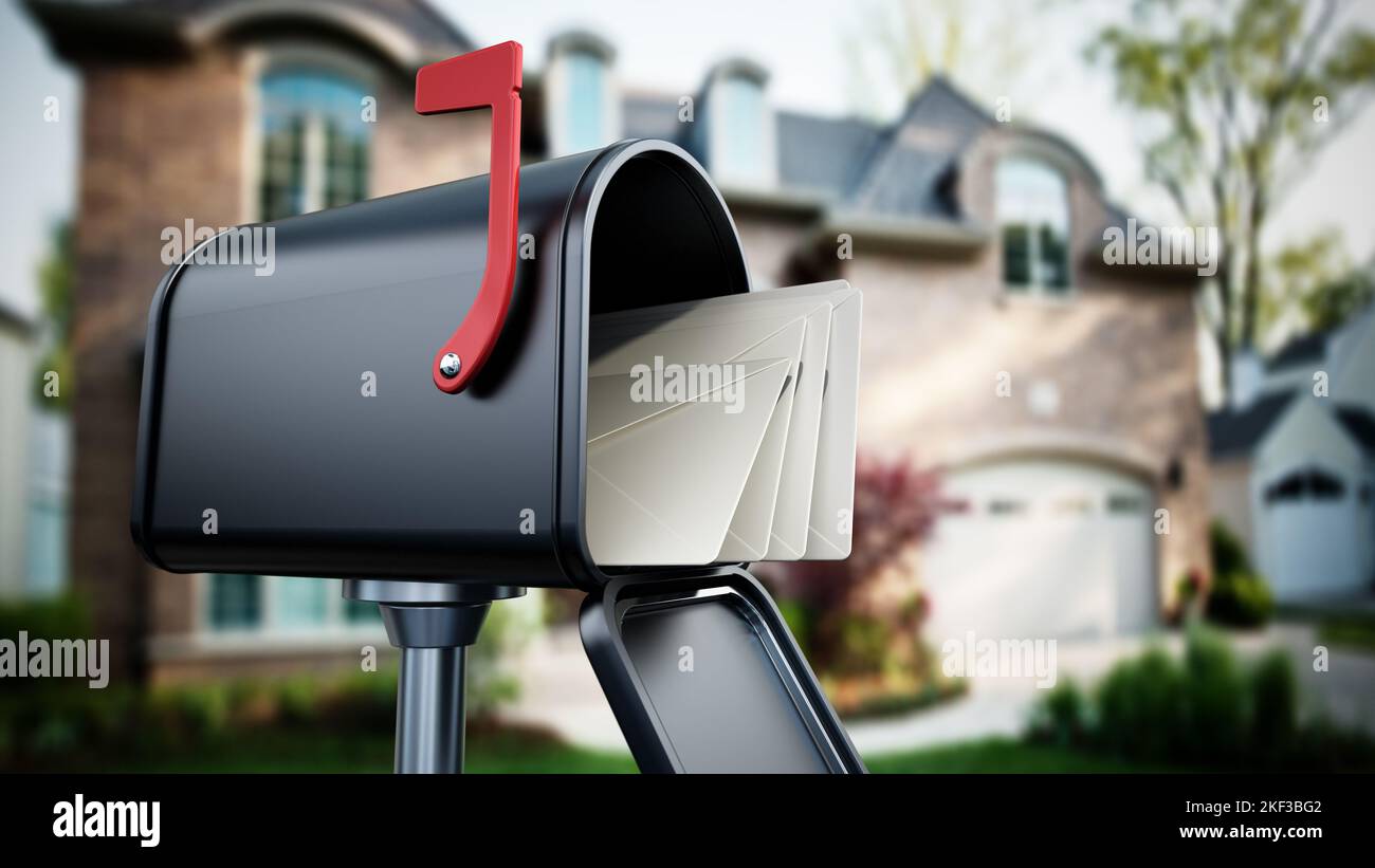 Buzón de correo abierto con cartas fuera de la casa de lujo. Ilustración 3D. Foto de stock