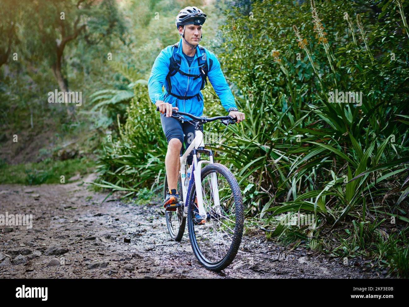 Explorar la naturaleza sobre ruedas. Un ciclista masculino a lo largo de un sendero de bicicleta de montaña. Foto de stock