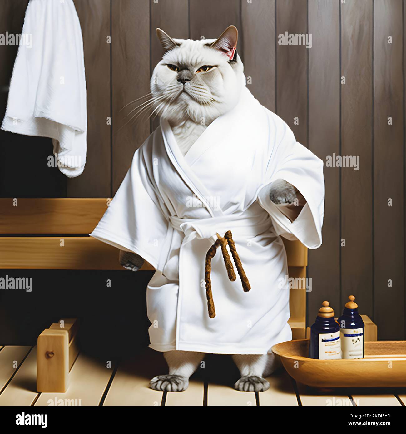 Gato japonés perezoso gordo envuelto en albornoz relajante en una sauna  finlandesa. Spa para gatos. Bienestar para mascotas. Relájate y relájate.  Vacaciones en sanatorio Fotografía de stock - Alamy