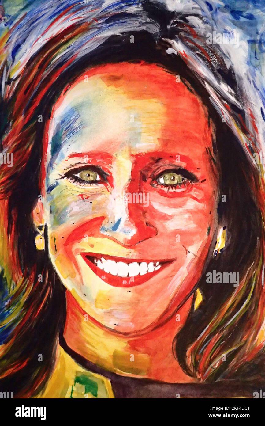 Resumen diario. Acuarela retrato abstracto de la periodista Sophie Raworth. Página de la cartera de Russell Moore. Ilustraciones originales. Foto de stock