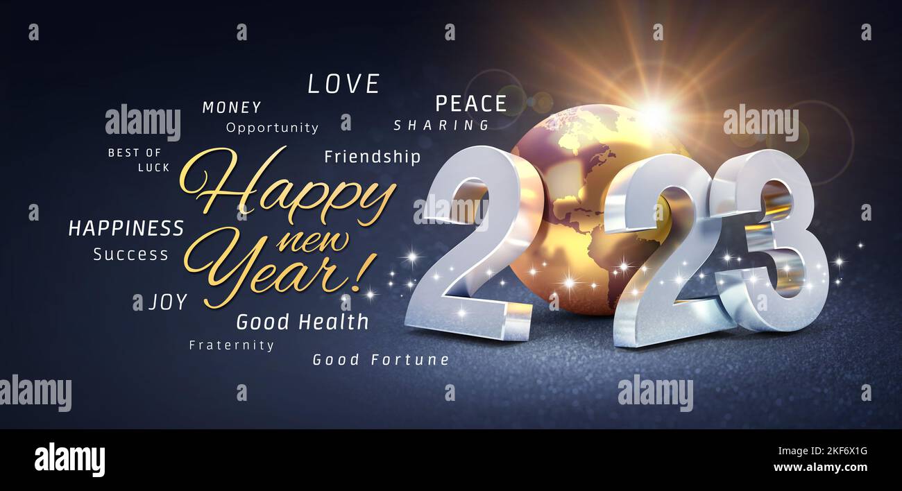 Feliz Año Nuevo saludos, los mejores deseos y número de fecha 2023, compuesto por un planeta tierra de color dorado, sobre un fondo negro festivo, con un reluce Foto de stock