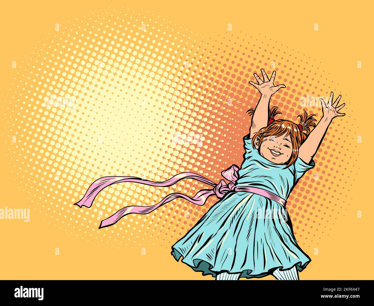 Una niña sonriente levantó las manos. Feliz infancia. POP art retro Ilustración del Vector