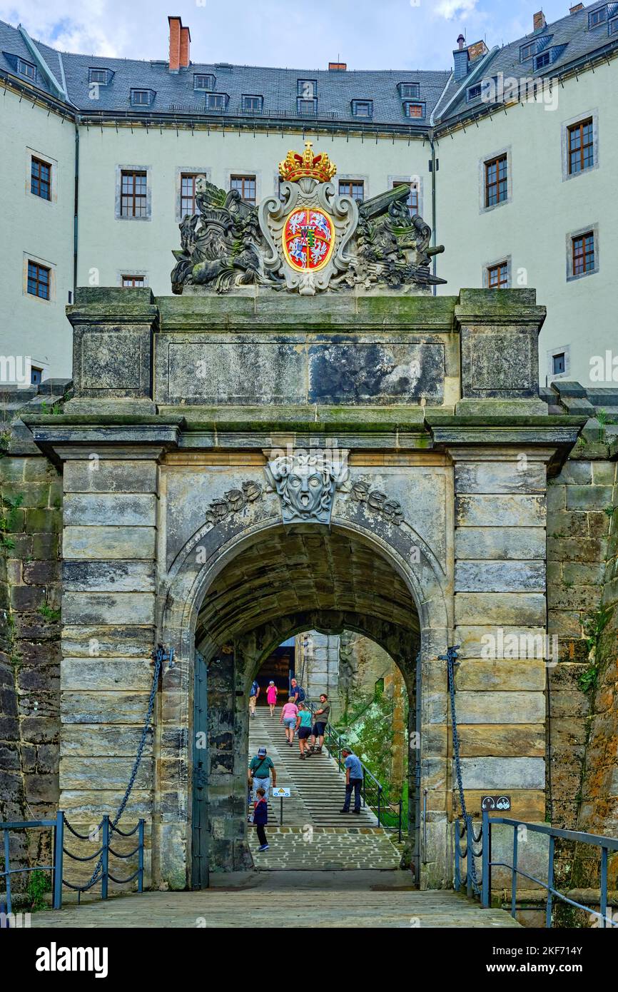 Medusa Gate, Fortaleza de Königstein, Königstein, Suiza sajona, Sajonia, Alemania. Foto de stock