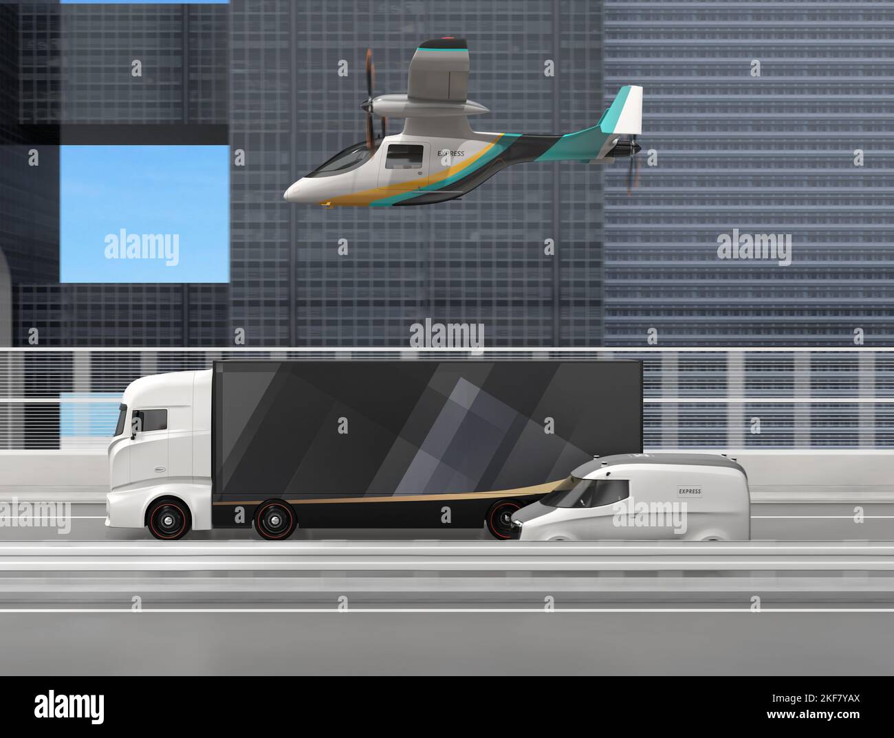 Avión de entrega de carga VTOL eléctrico, camión eléctrico y minivan moviéndose en carretera. Imagen renderizada 3D. Foto de stock