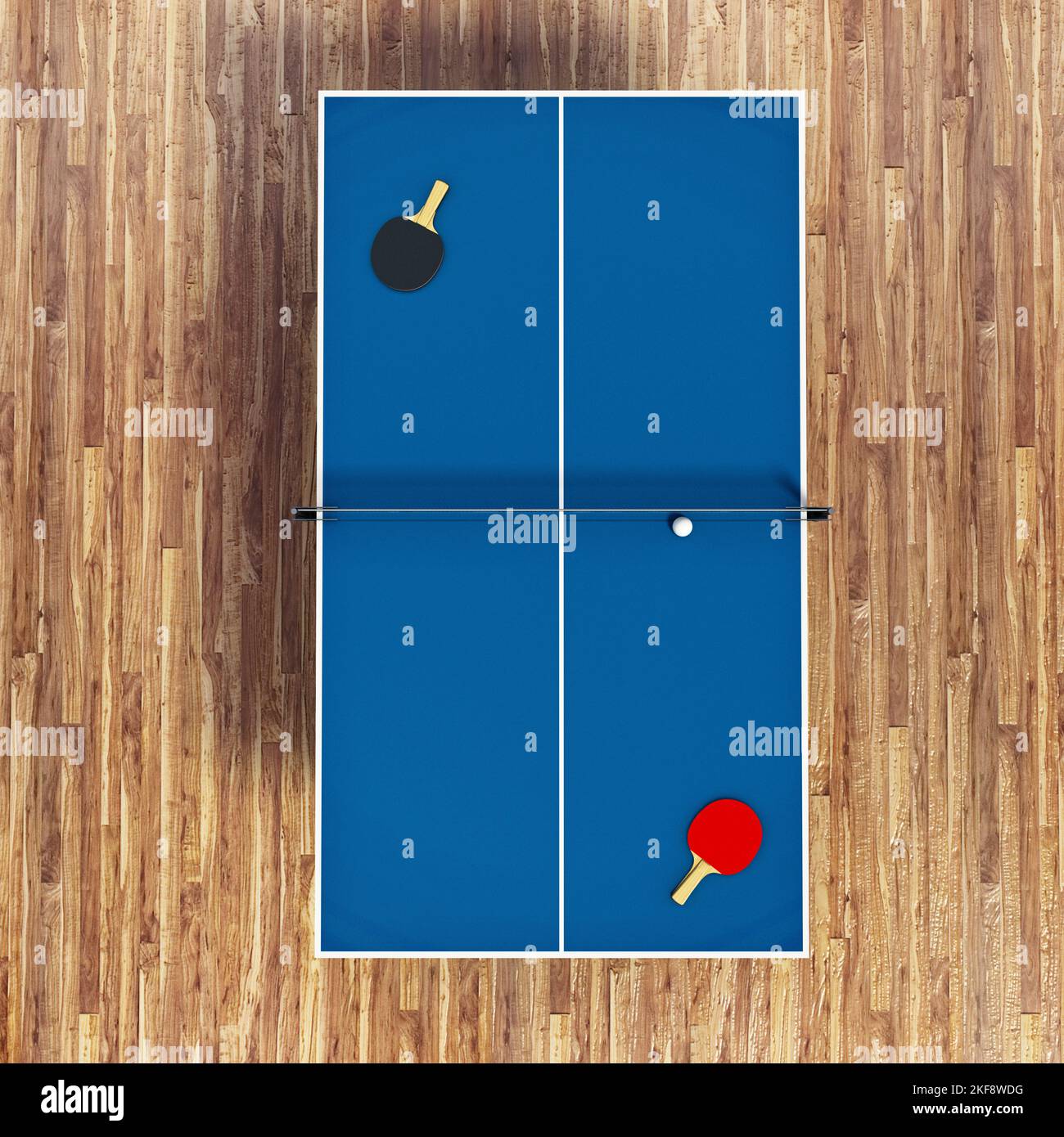 Tenis de mesa, raquetas y pelota en el suelo de parquet. Ilustración 3D. Foto de stock