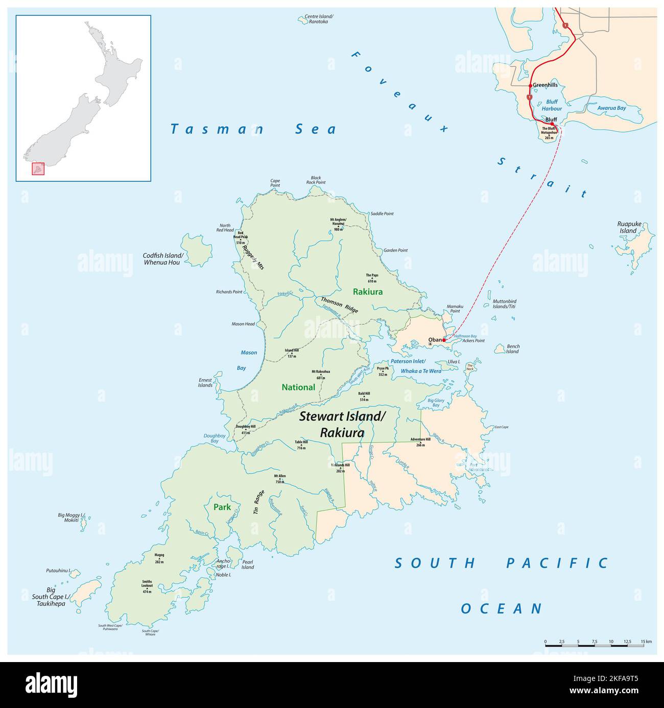 Mapa vectorial de la isla Stewart de Nueva Zelanda, Rakiura Foto de stock