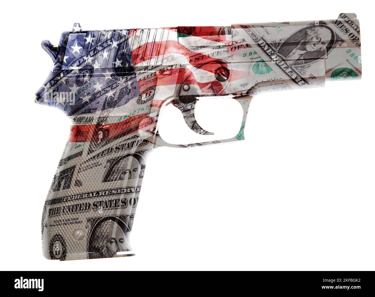 Pistola, dinero en efectivo y una bandera Americana composite Foto de stock