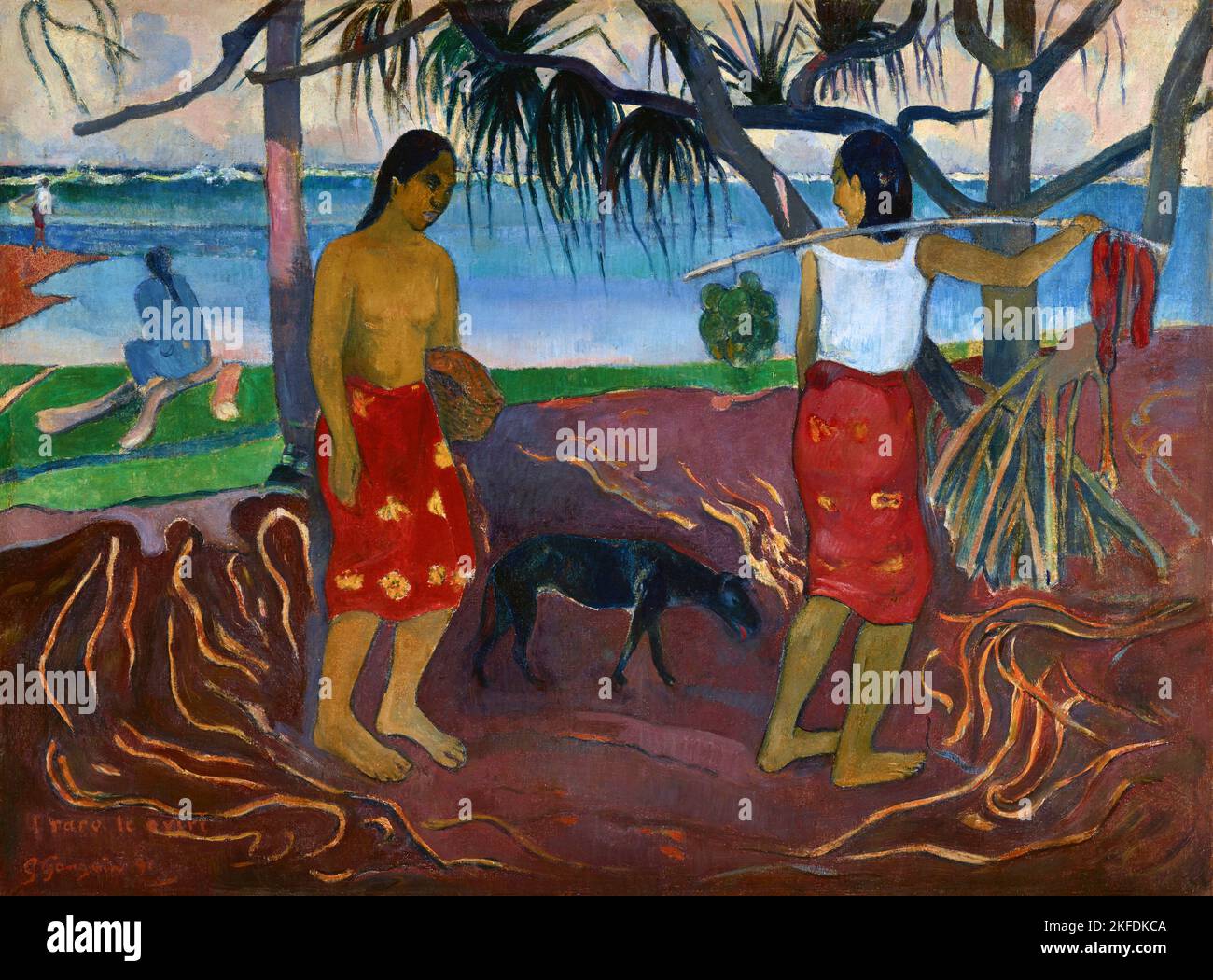 Tahití: 'I Raro Te Oviri' (bajo el pandanus). Óleo sobre lienzo de Paul Gauguin (7 de junio de 1848 - 8 de mayo de 1903), 1891. Paul Gauguin nació en París en 1848 y pasó parte de su infancia en Perú. Trabajó como corredor de bolsa con poco éxito, y sufrió ataques de depresión severa. También pintó. En 1891, Gauguin, frustrado por la falta de reconocimiento en casa y financieramente indigente, navegó a los trópicos para escapar de la civilización europea y 'todo lo que es artificial y convencional'. Su tiempo allí fue objeto de mucho interés tanto entonces como en los tiempos modernos. Foto de stock