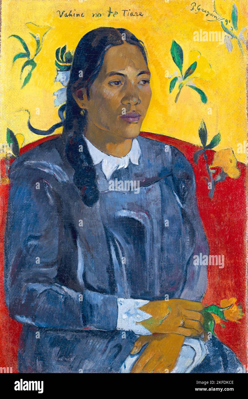 Tahití: 'Vahine No Te Tiare' (Mujer con una flor). Óleo sobre lienzo de Paul Gauguin (7 de junio de 1848 - 8 de mayo de 1903), 1891. Paul Gauguin nació en París en 1848 y pasó parte de su infancia en Perú. Trabajó como corredor de bolsa con poco éxito, y sufrió ataques de depresión severa. También pintó. En 1891, Gauguin, frustrado por la falta de reconocimiento en casa y financieramente indigente, navegó a los trópicos para escapar de la civilización europea y 'todo lo que es artificial y convencional'. Su tiempo allí fue objeto de mucho interés tanto en la época actual como en la época actual. Foto de stock