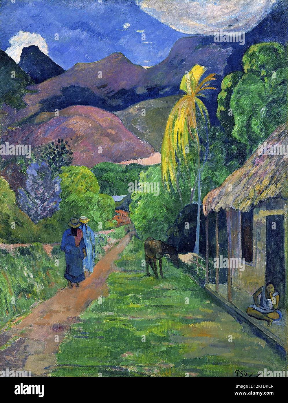 Tahití: 'Rue de Tahití' (calle en Tahití). Óleo sobre lienzo de Paul Gauguin (7 de junio de 1848 - 8 de mayo de 1903), 1891. Paul Gauguin nació en París en 1848 y pasó parte de su infancia en Perú. Trabajó como corredor de bolsa con poco éxito, y sufrió ataques de depresión severa. También pintó. En 1891, Gauguin, frustrado por la falta de reconocimiento en casa y financieramente indigente, navegó a los trópicos para escapar de la civilización europea y 'todo lo que es artificial y convencional'. Su tiempo allí fue objeto de mucho interés tanto entonces como en los tiempos modernos. Foto de stock