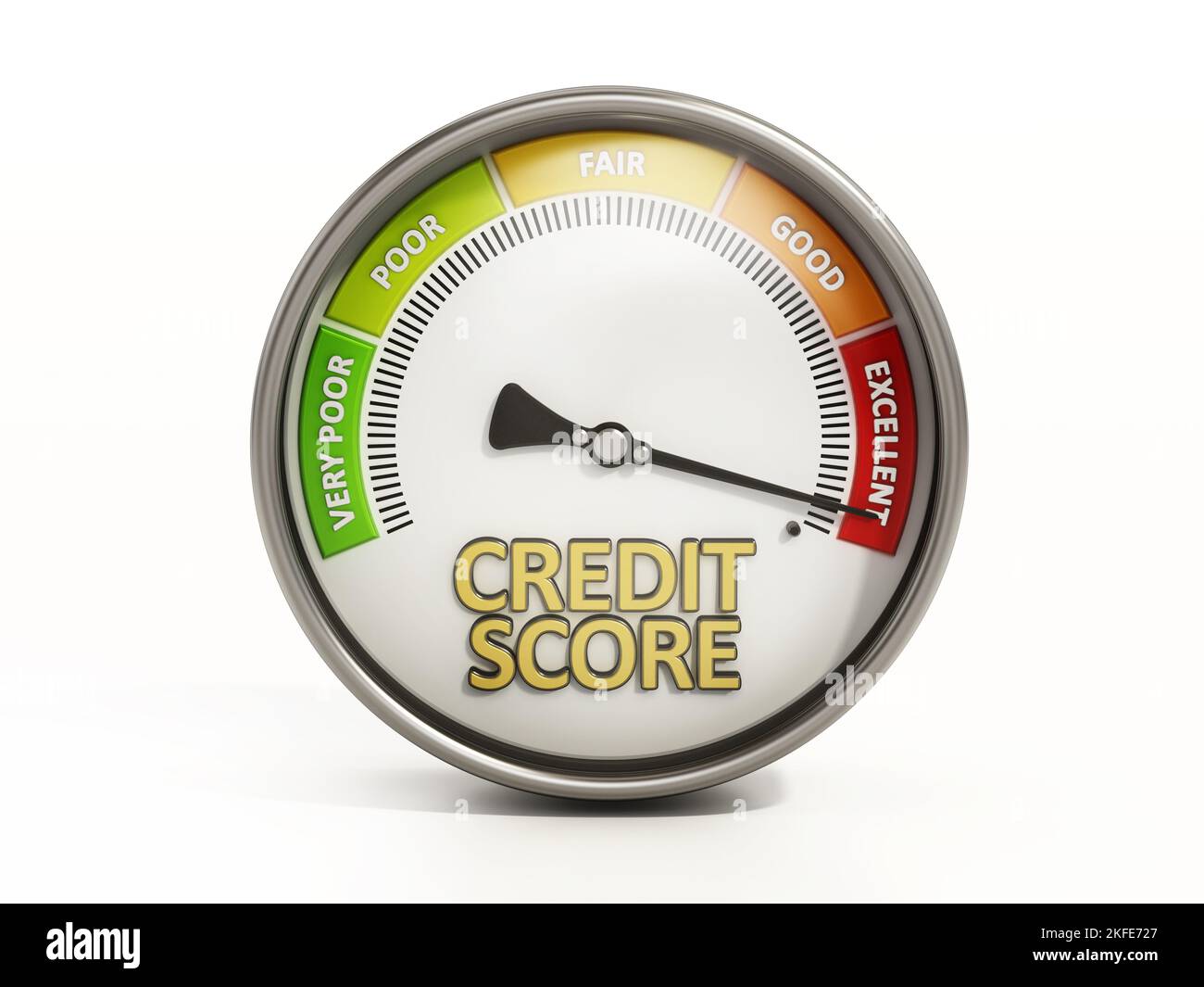 Medidor de puntuación de crédito, calificación de escala Información de crédito de muy pobre a excelente. El dial indica un buen historial de crédito. Ilustración 3D. Foto de stock