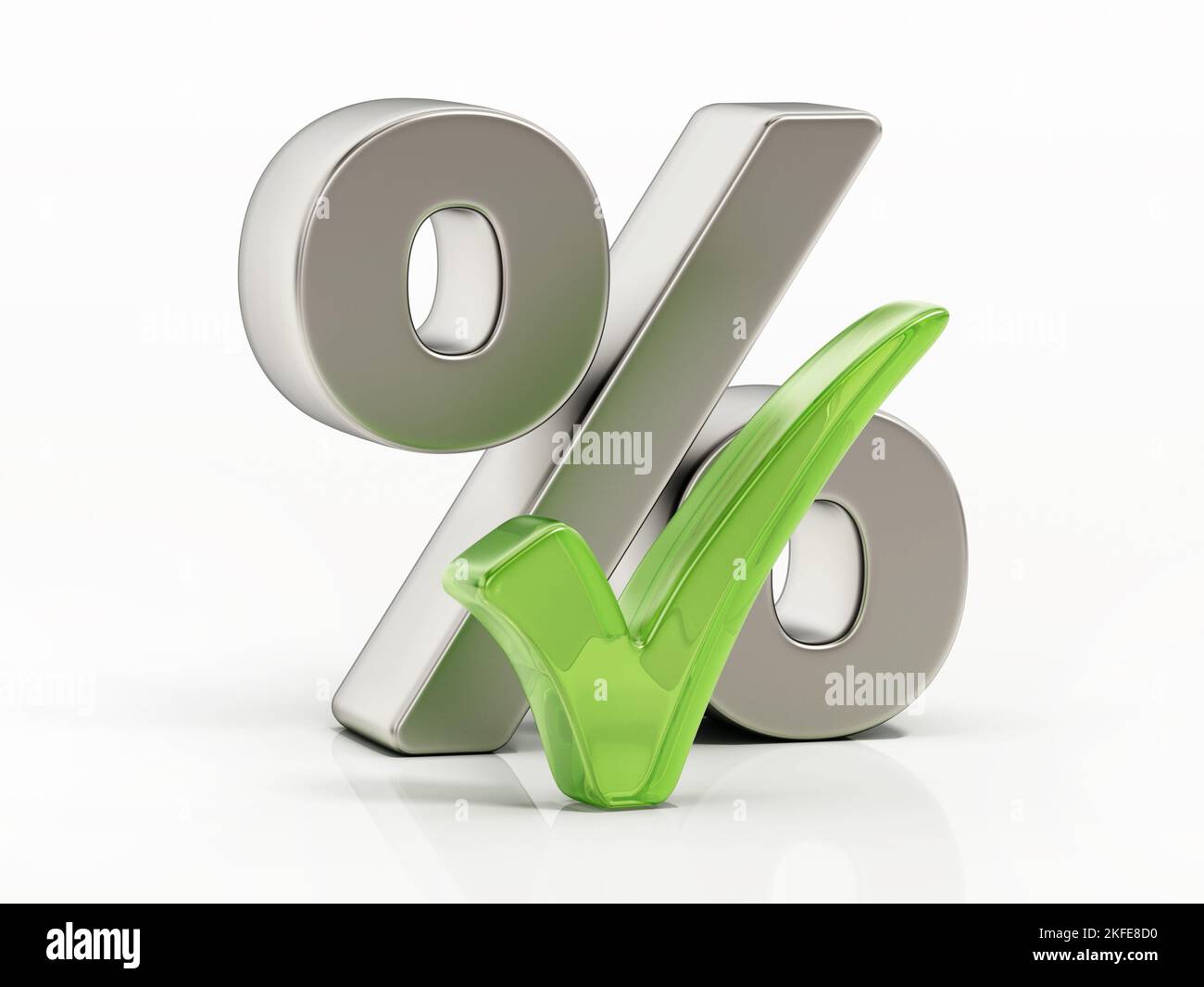 Signo de porcentaje de plata y marca de verificación verde aislados sobre fondo blanco. Ilustración 3D. Foto de stock