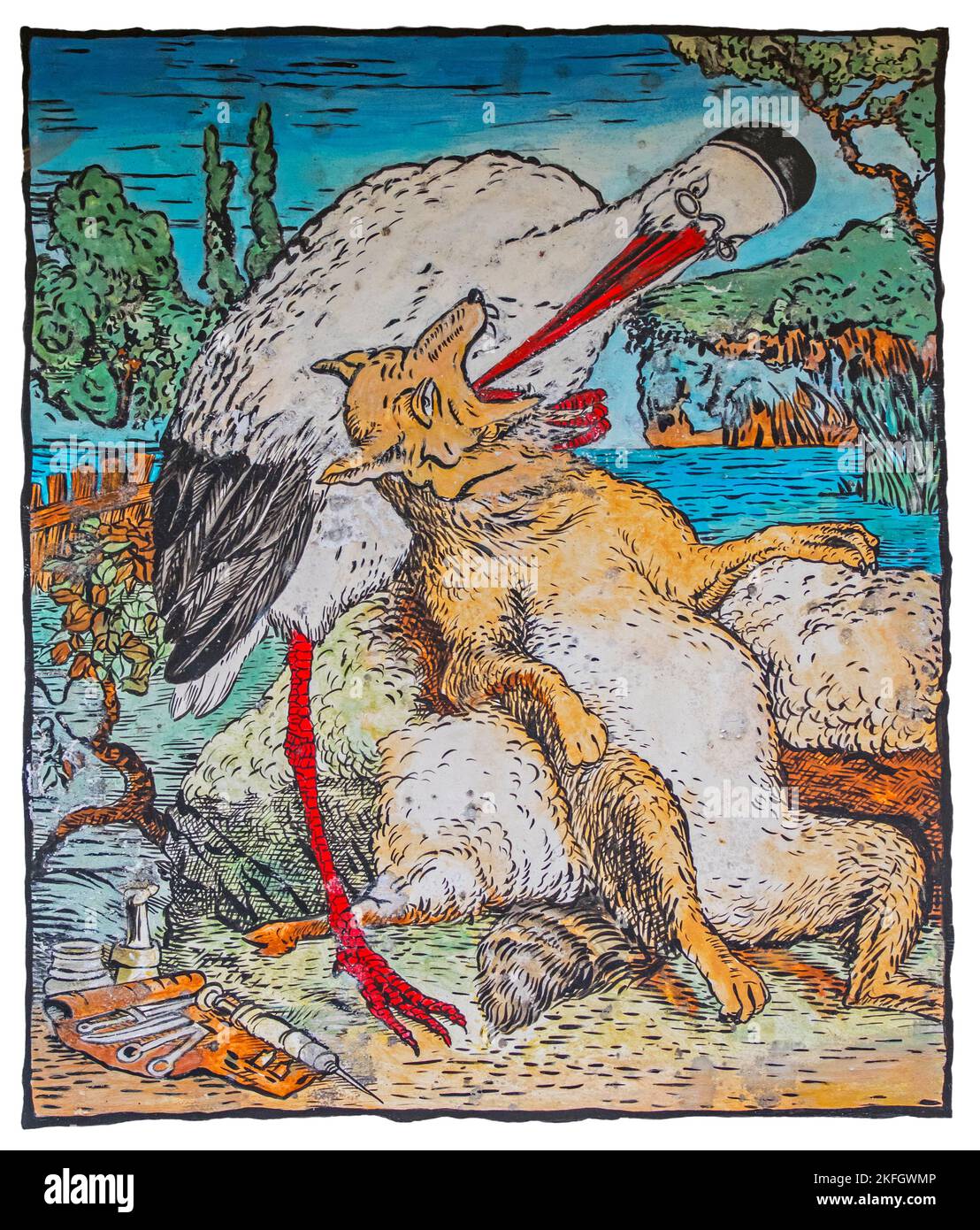 Le Loup et la Cigogne / El lobo y la grúa, ilustración del ilustrador francés Grandville en el libro Fables del fabulista Jean de La Fontaine Foto de stock