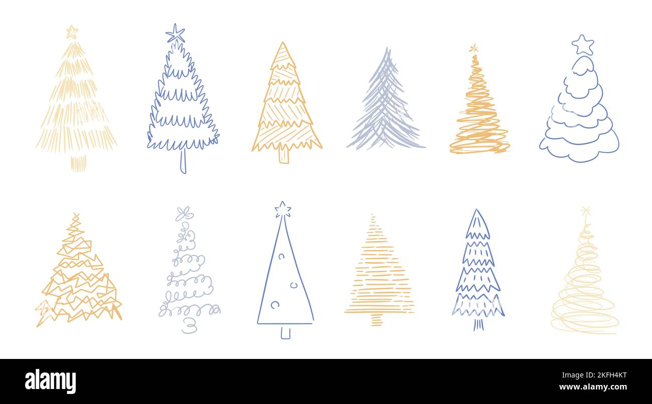 Juego de ilustración de garabatos de árbol de Navidad. Árboles de Navidad dibujados a mano. Funky, extraño y excéntrico árbol de Navidad colección de dibujo. Ilustración del Vector