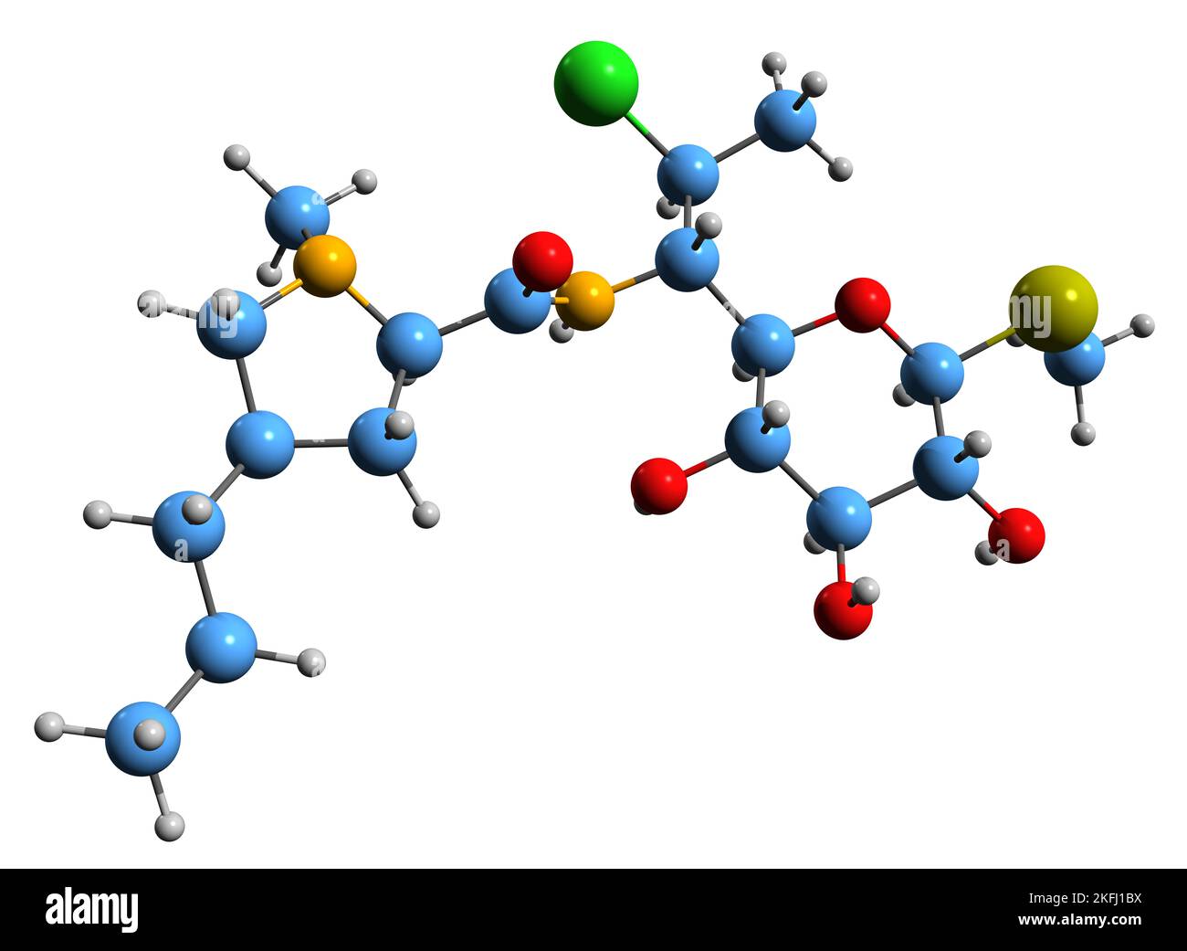 3D imagen de la fórmula esquelética de la clindamicina - estructura química molecular del antibiótico aislado sobre fondo blanco Foto de stock