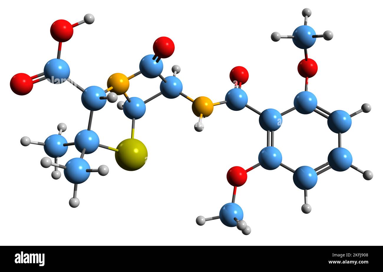 3D imagen de la fórmula esquelética de la meticilina - estructura química molecular del antibiótico de la penicilina aislado sobre fondo blanco Foto de stock
