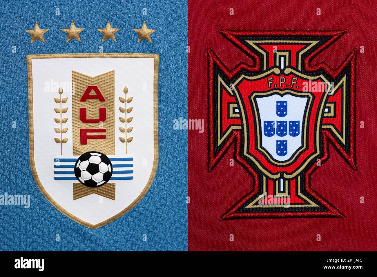 Vista Del Logo De Portugal Contra Selección De Fútbol Uruguay