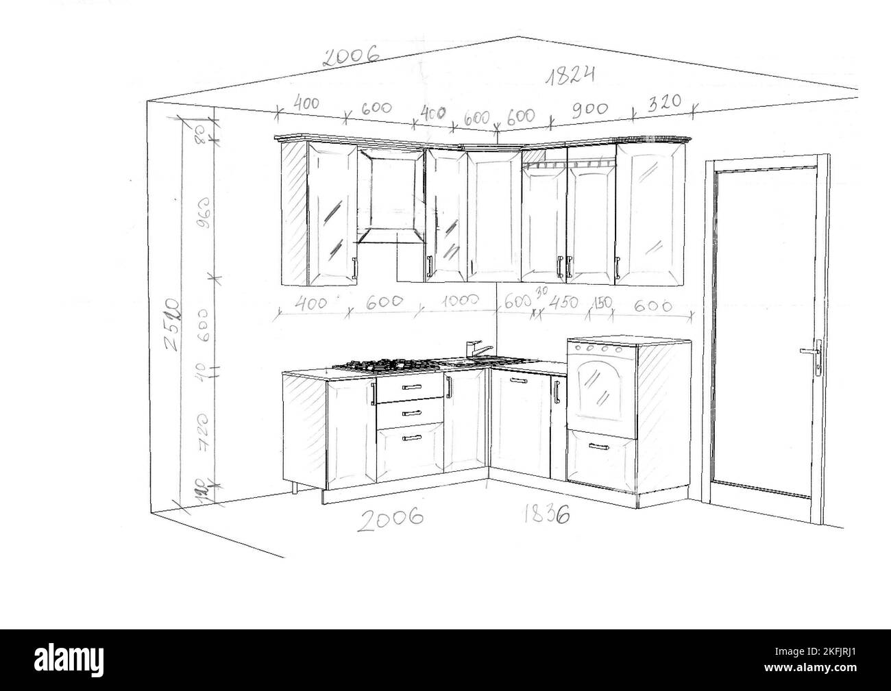 dibujo, boceto de muebles de cocina con dimensiones Fotografía de stock -  Alamy