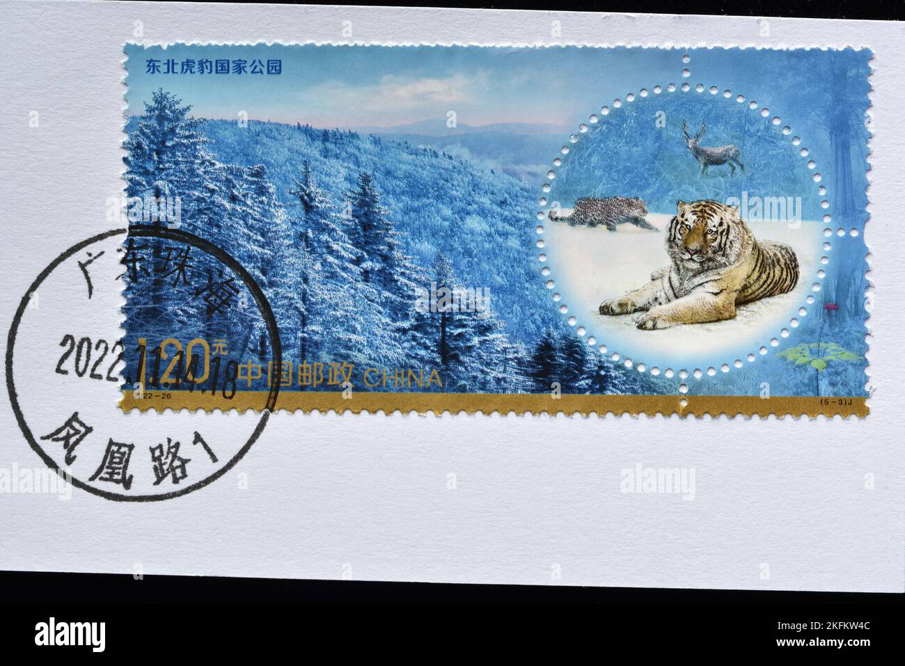 CHINA - CIRCA 2022: Un sello impreso en China muestra 2022-26 Parques Nacionales Parque Nacional Wuyishan Noreste de China Tigre y Parque Nacional Lenpard, c Foto de stock
