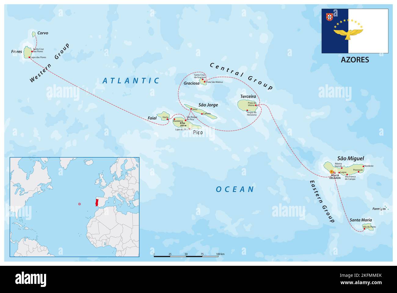 Mapa vectorial del archipiélago portugués Azores en el océano Atlántico, Portugal Foto de stock