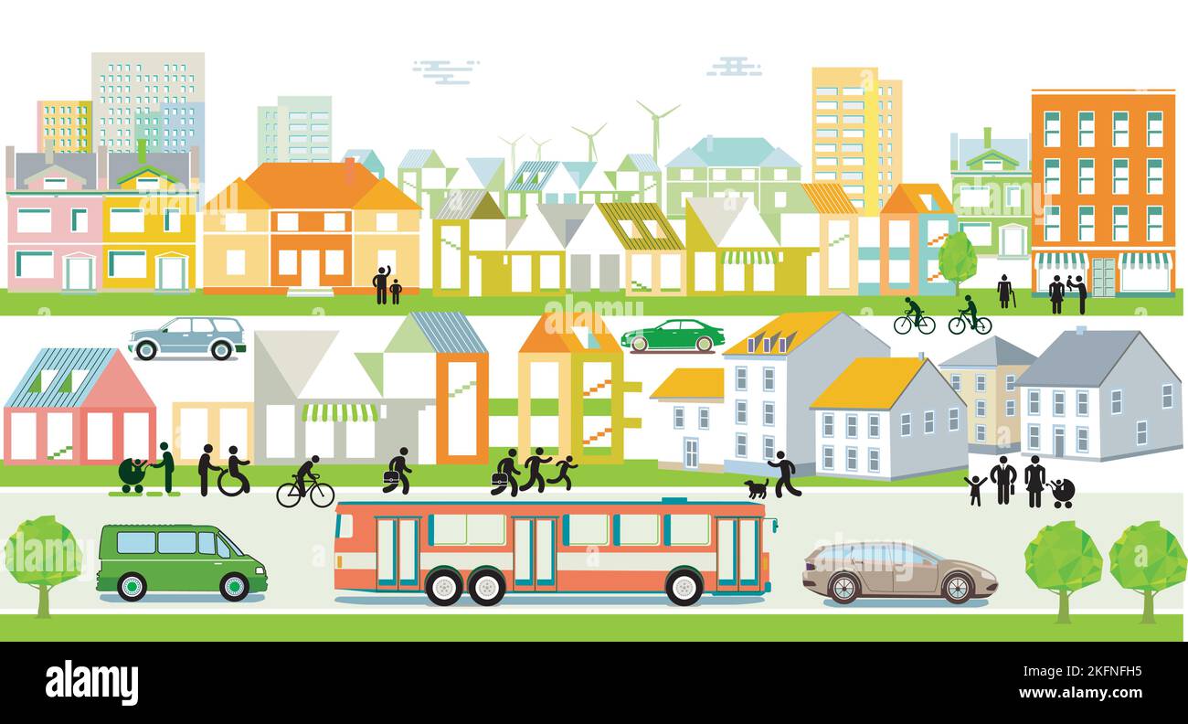 Casas con coches en la ciudad, ilustración panorámica Ilustración del Vector