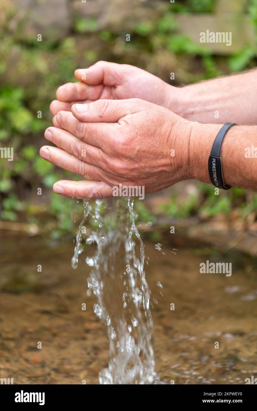 Agricultores que comprueban la calidad del agua de un arroyo en un campo, Northumberland, Reino Unido. Foto de stock