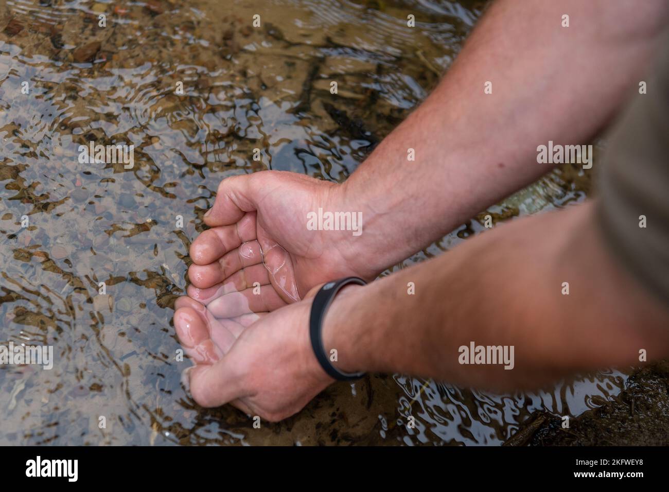 Agricultores que comprueban la calidad del agua de un arroyo en un campo, Northumberland, Reino Unido. Foto de stock