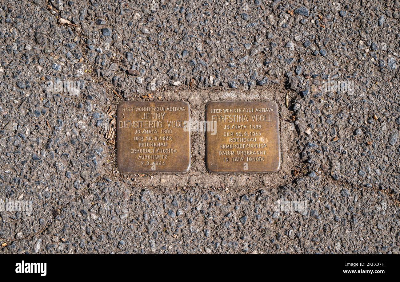 Stolperstein (piedra de tropiezo) en la calle de Merano (Meran) en el Tirol del Sur - Trentino Alto Adige - norte de Italia - proyecto de amortiguación Gunter (1995) - Foto de stock