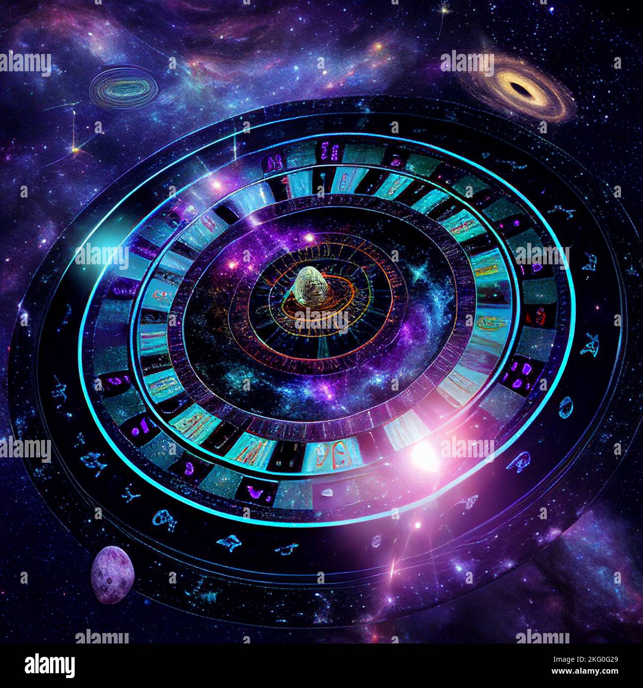Futurista casino con ruedas de ruleta inter galáctica, planetas orbitando cerca, pruebe su suerte en el juego de la realidad en el que nos encontramos Foto de stock