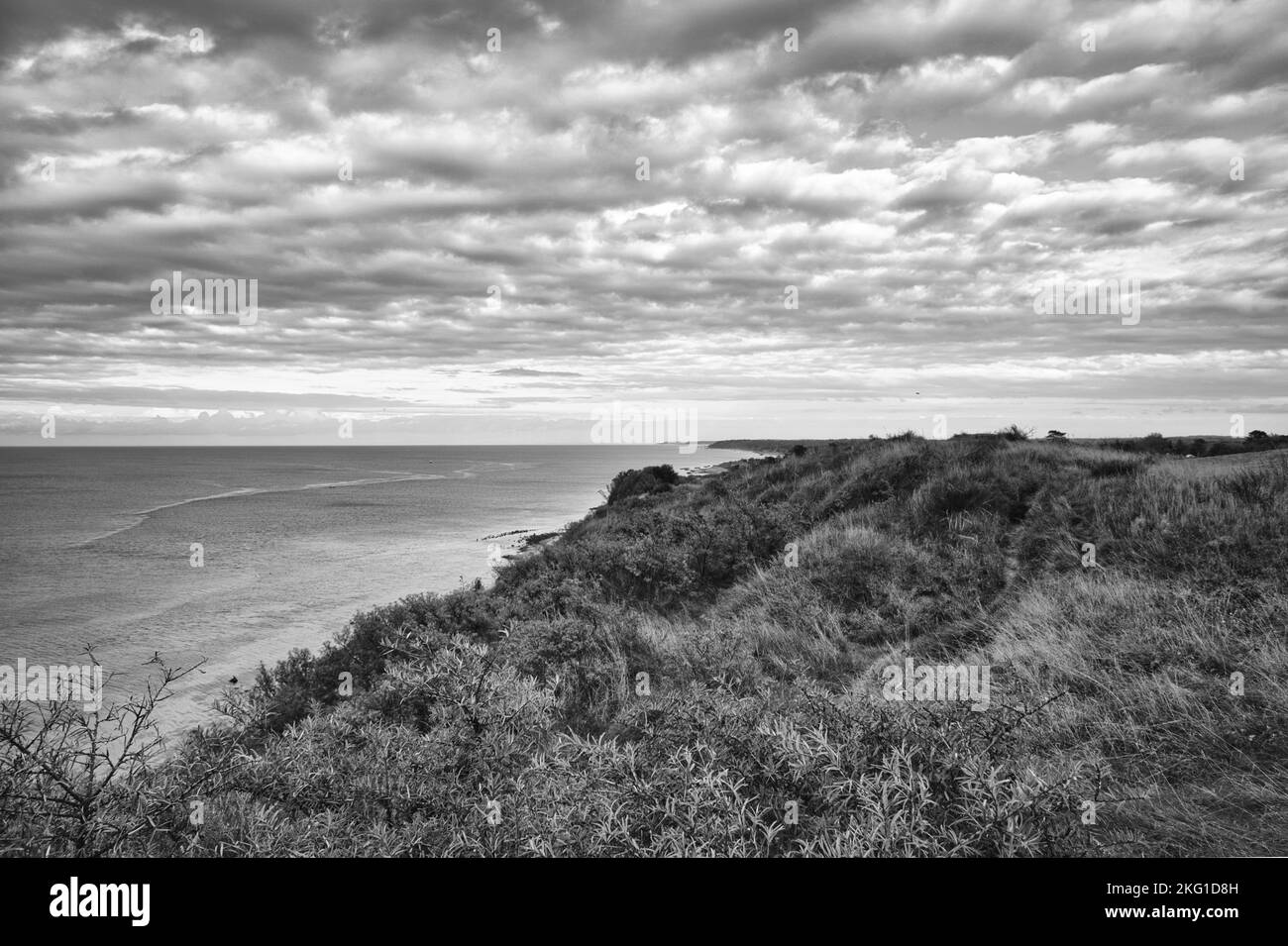Hundested, Dinamarca en el acantilado con vistas al mar en blanco y negro. Costa del mar Báltico, pradera con césped, playa. Nubes en el horizonte. Horizontal pho Foto de stock