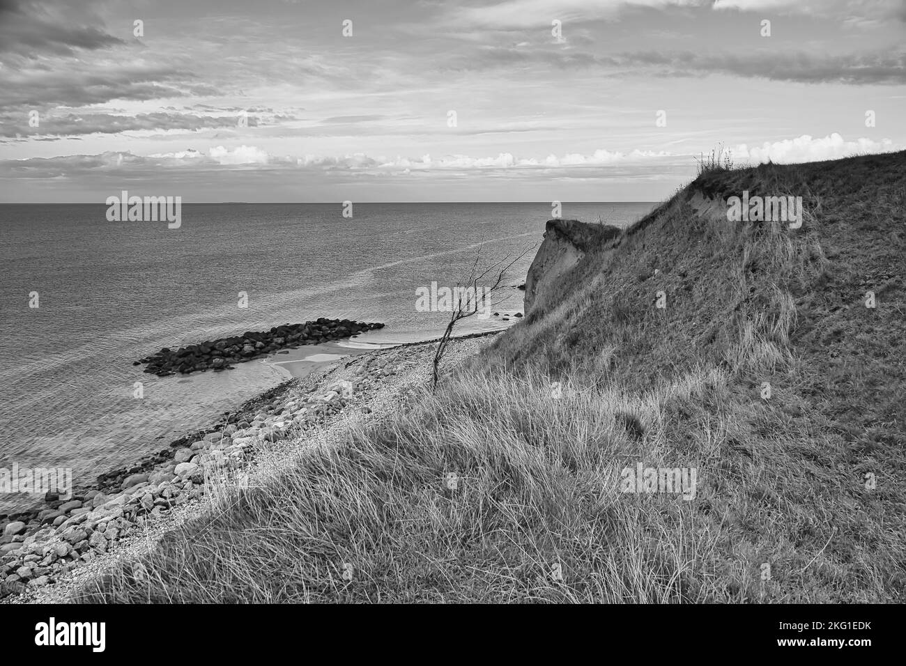 Hundested, Dinamarca en el acantilado con vistas al mar en blanco y negro. Costa del mar Báltico, pradera con césped, playa. Nubes en el horizonte. Horizontal pho Foto de stock