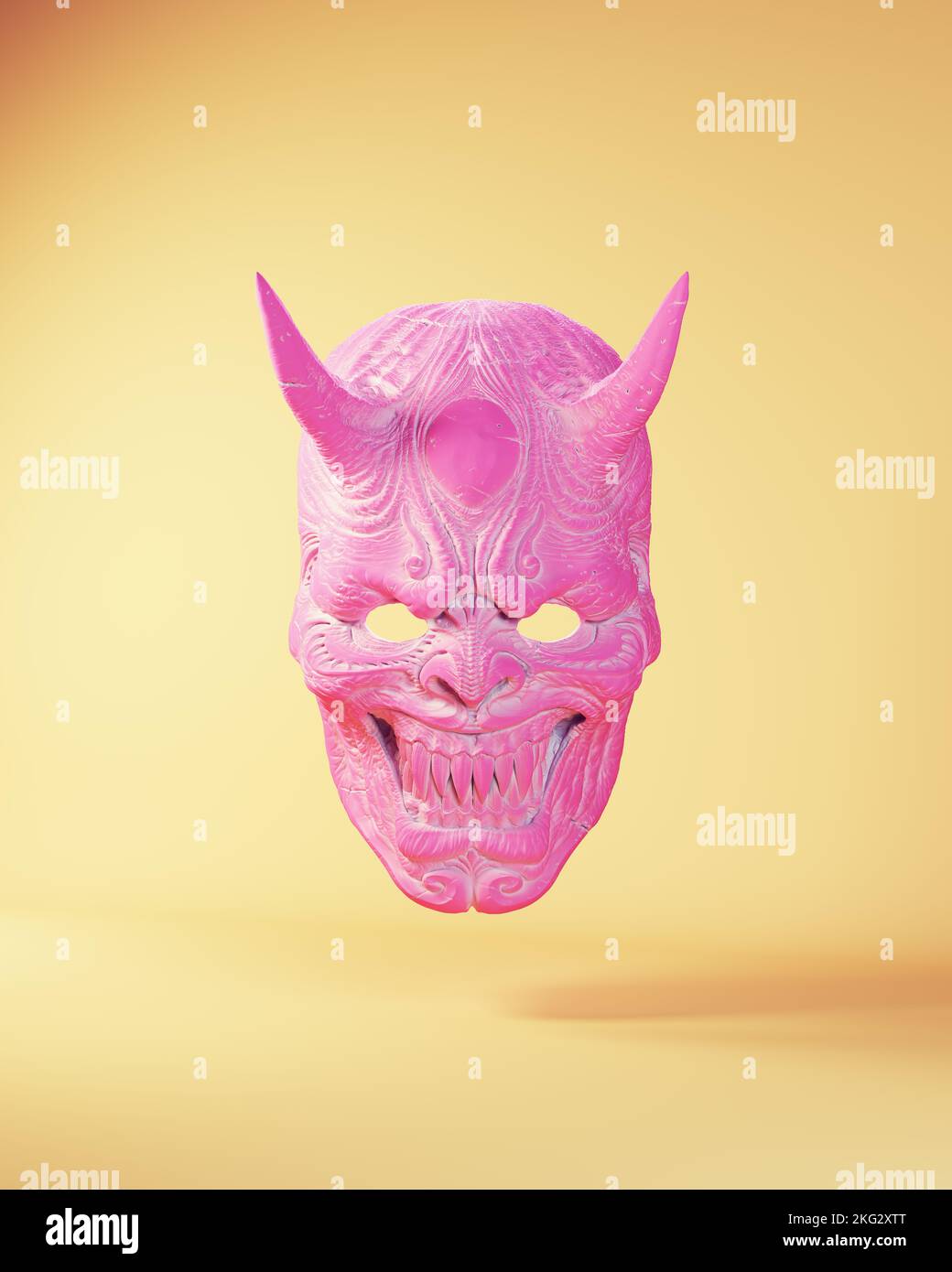 Flotante Japonés Rosa Azul Oni Demon Hannya Teatro Máscara Folklore 3D ilustración render