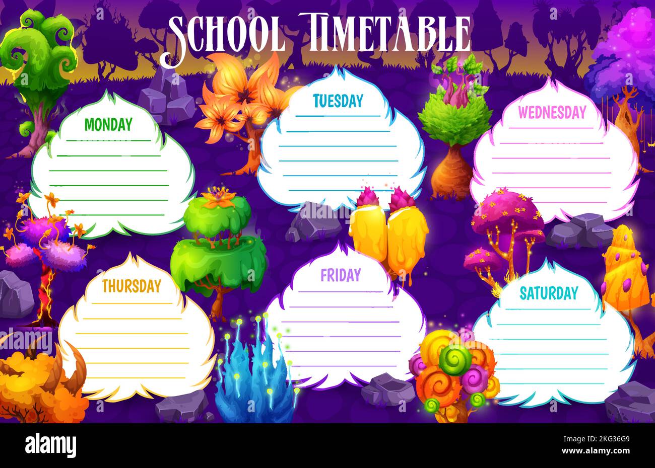 Horario escolar, árboles mágicos y plantas exóticas en el bosque de fantasía, plan de educación