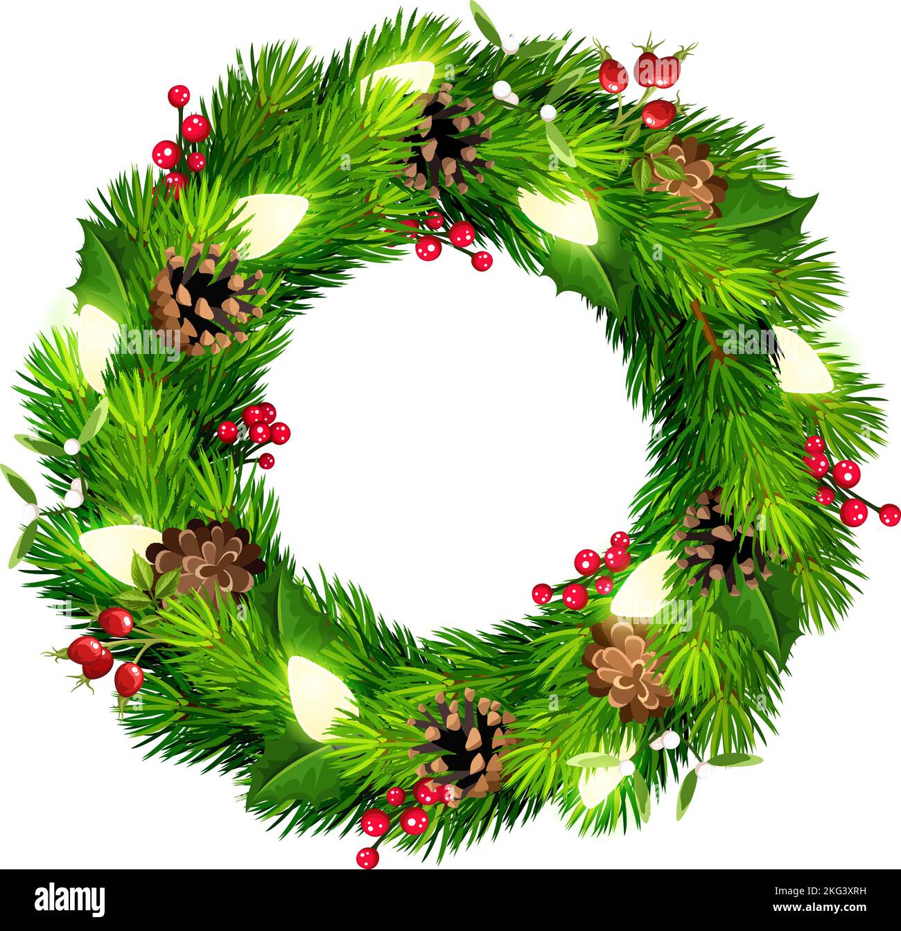 Corona de Navidad con ramas de abeto verde, conos de pino, luces de Navidad, acebo y muérdago. Ilustración vectorial Ilustración del Vector