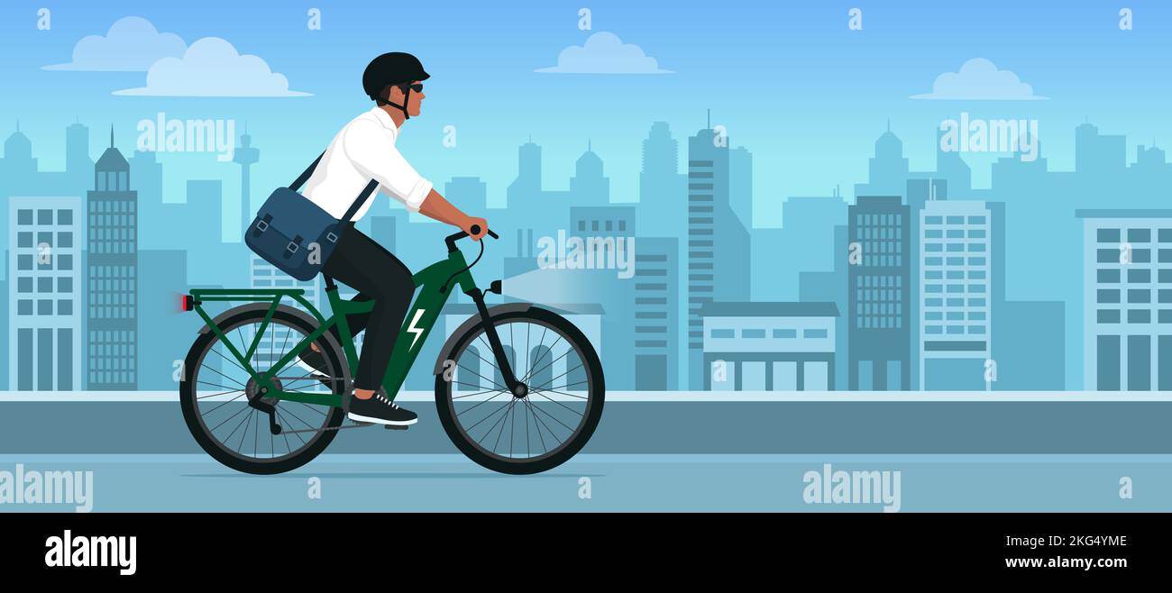 Hombre montando una bicicleta eléctrica ecológica en la calle de la ciudad, concepto de movilidad sostenible Ilustración del Vector